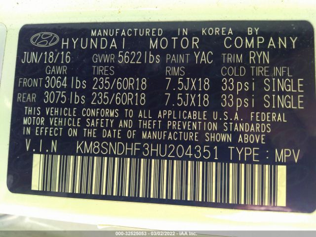 Photo 8 VIN: KM8SNDHF3HU204351 - HYUNDAI SANTA FE 