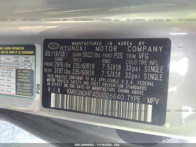 Photo 8 VIN: KM8SNDHF4DU026640 - HYUNDAI SANTA FE 