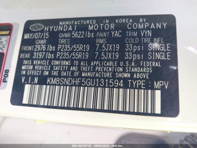 Photo 8 VIN: KM8SNDHF5GU131594 - HYUNDAI SANTA FE 