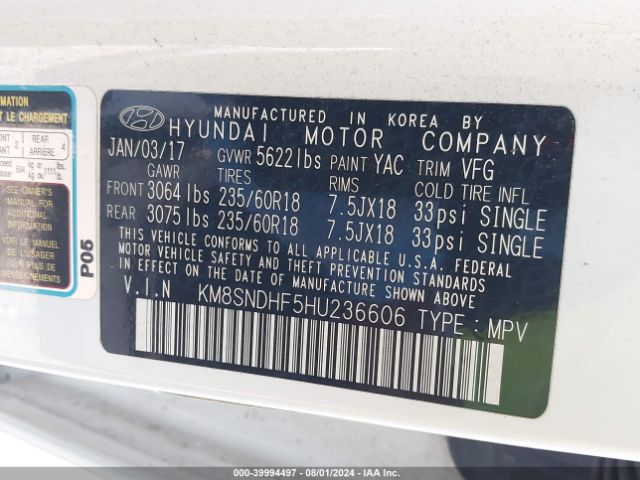 Photo 8 VIN: KM8SNDHF5HU236606 - HYUNDAI SANTA FE 