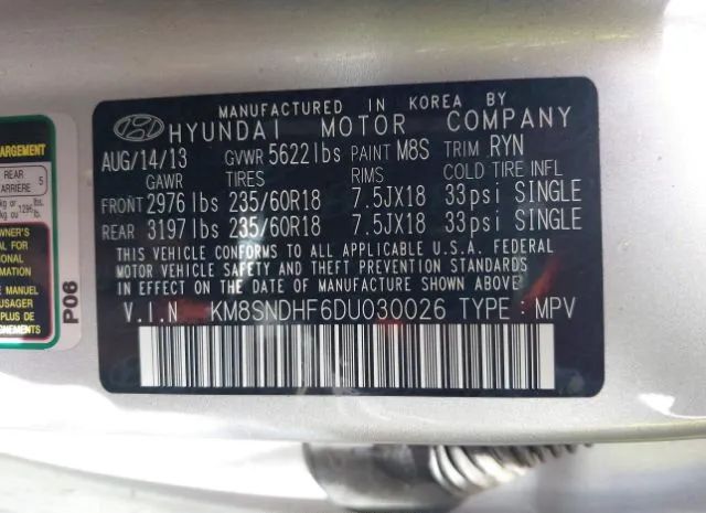 Photo 8 VIN: KM8SNDHF6DU030026 - HYUNDAI SANTA FE 