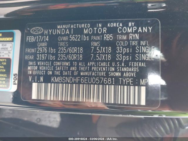 Photo 8 VIN: KM8SNDHF6EU057681 - HYUNDAI SANTA FE 