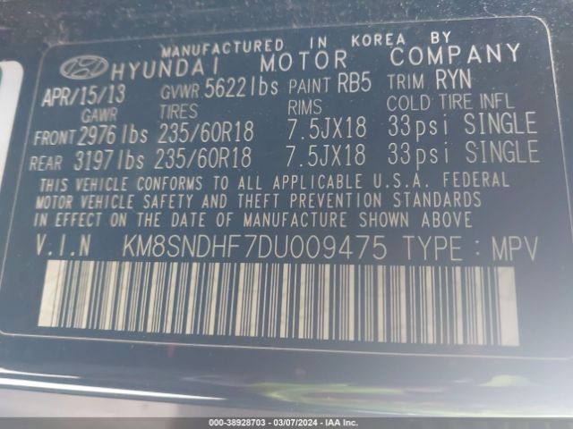 Photo 8 VIN: KM8SNDHF7DU009475 - HYUNDAI SANTA FE 