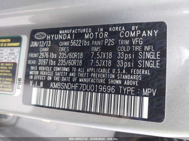 Photo 8 VIN: KM8SNDHF7DU019696 - HYUNDAI SANTA FE 