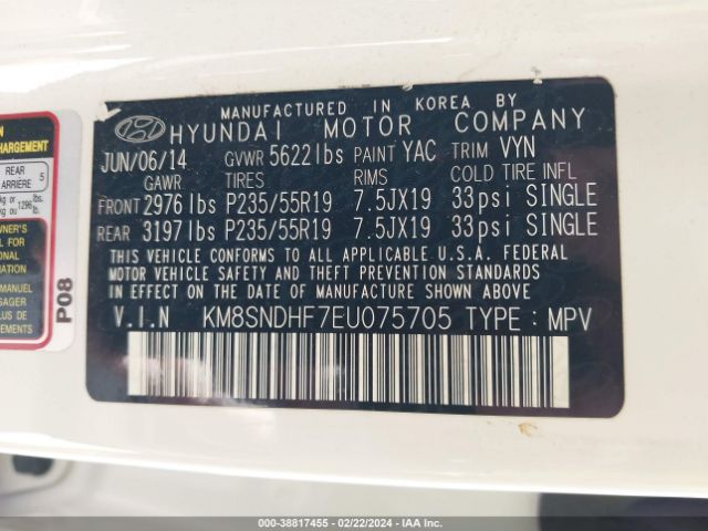 Photo 8 VIN: KM8SNDHF7EU075705 - HYUNDAI SANTA FE 