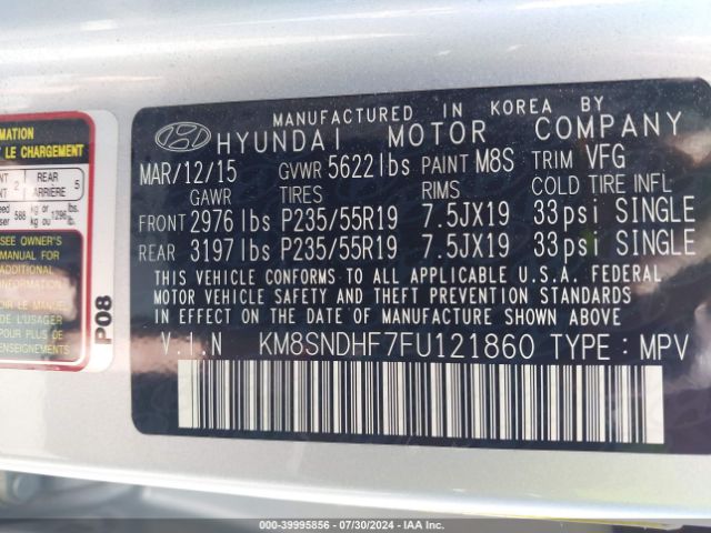 Photo 8 VIN: KM8SNDHF7FU121860 - HYUNDAI SANTA FE 