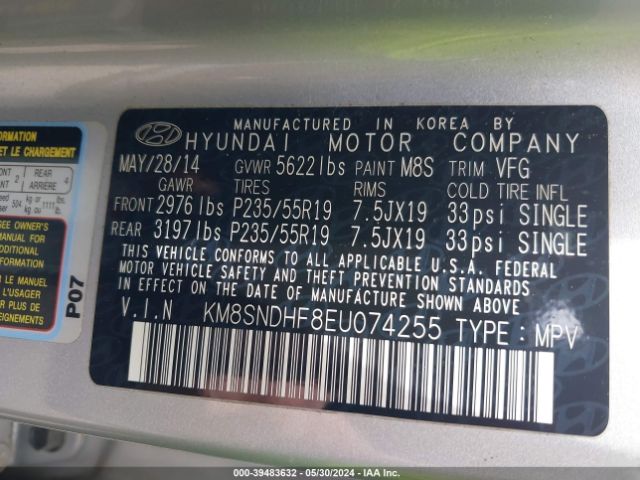 Photo 8 VIN: KM8SNDHF8EU074255 - HYUNDAI SANTA FE 