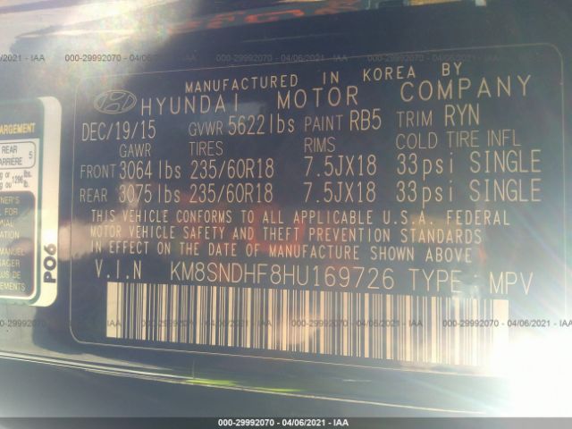 Photo 8 VIN: KM8SNDHF8HU169726 - HYUNDAI SANTA FE 