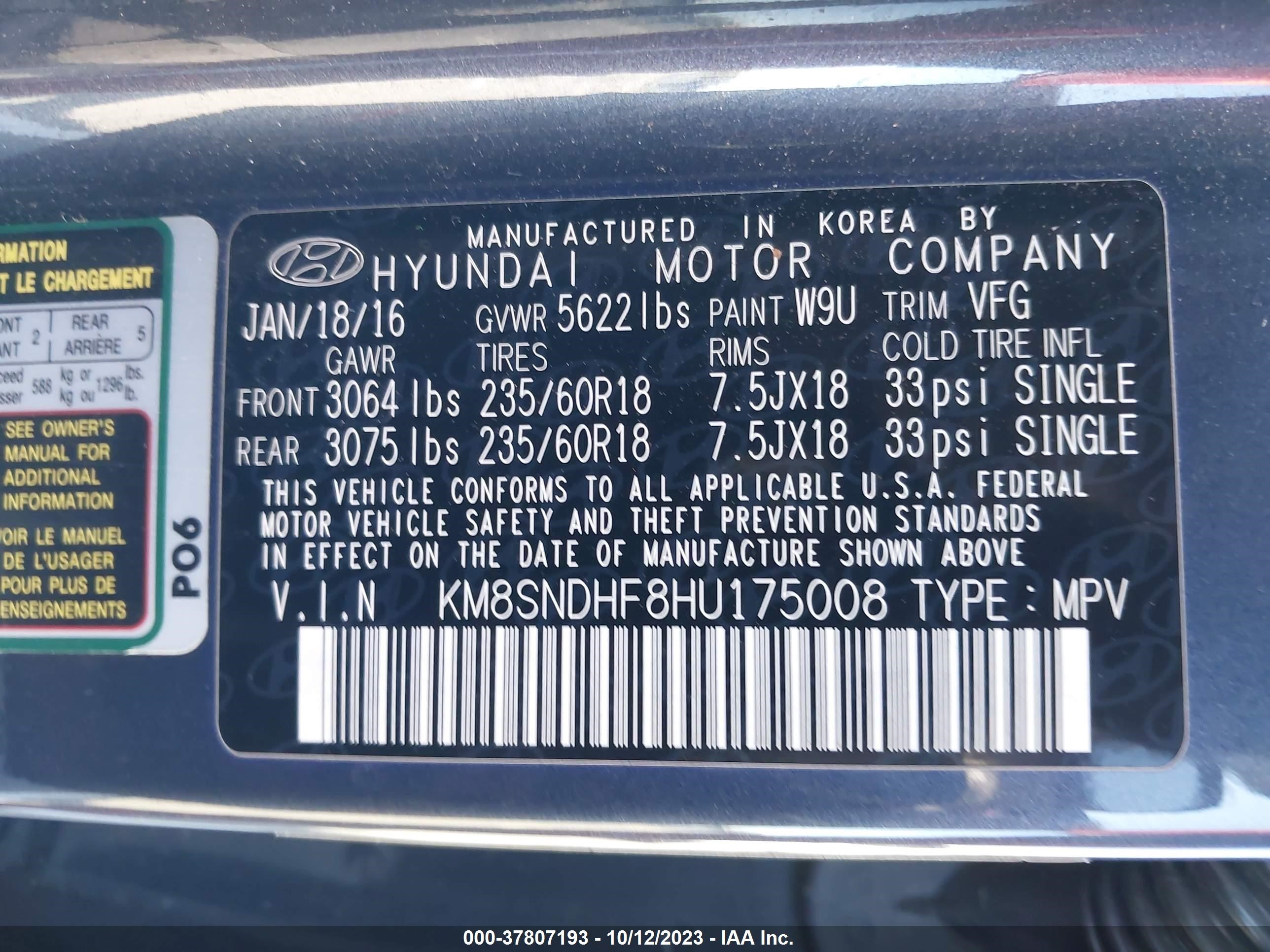 Photo 8 VIN: KM8SNDHF8HU175008 - HYUNDAI SANTA FE 