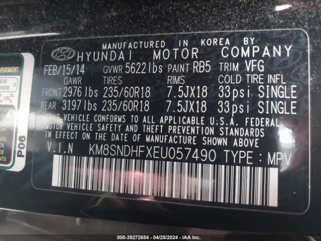 Photo 8 VIN: KM8SNDHFXEU057490 - HYUNDAI SANTA FE 