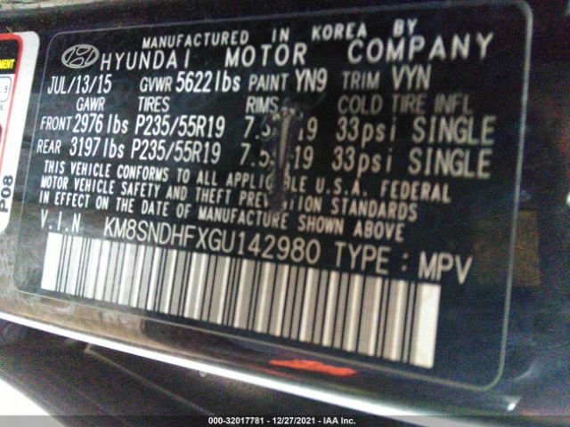 Photo 8 VIN: KM8SNDHFXGU142980 - HYUNDAI SANTA FE 