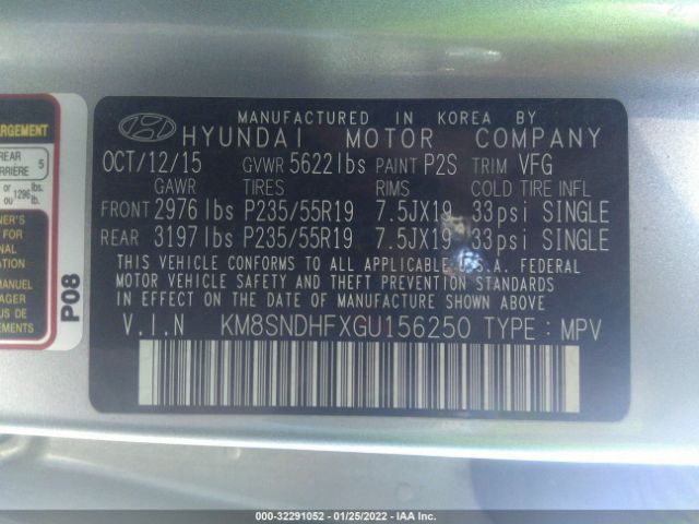 Photo 8 VIN: KM8SNDHFXGU156250 - HYUNDAI SANTA FE 