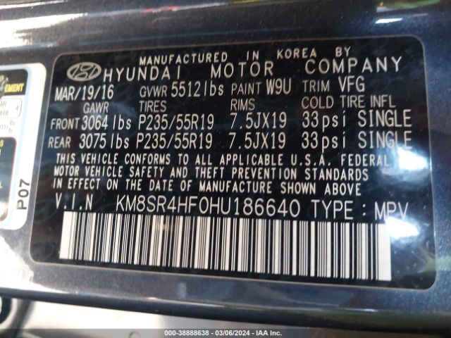 Photo 8 VIN: KM8SR4HF0HU186640 - HYUNDAI SANTA FE 