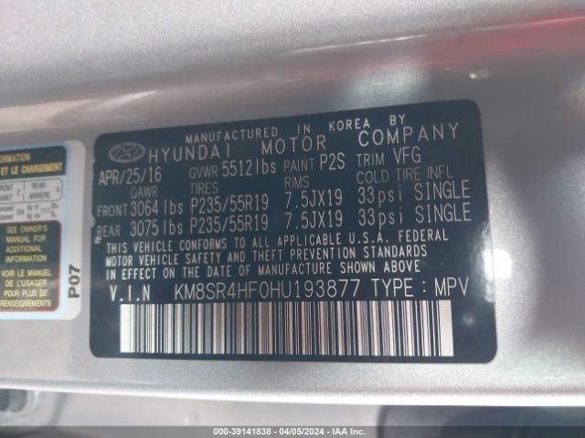 Photo 8 VIN: KM8SR4HF0HU193877 - HYUNDAI SANTA FE 