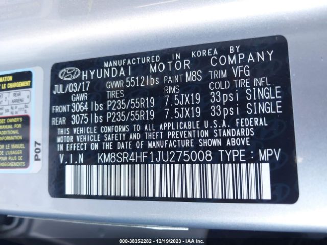 Photo 8 VIN: KM8SR4HF1JU275008 - HYUNDAI SANTA FE 