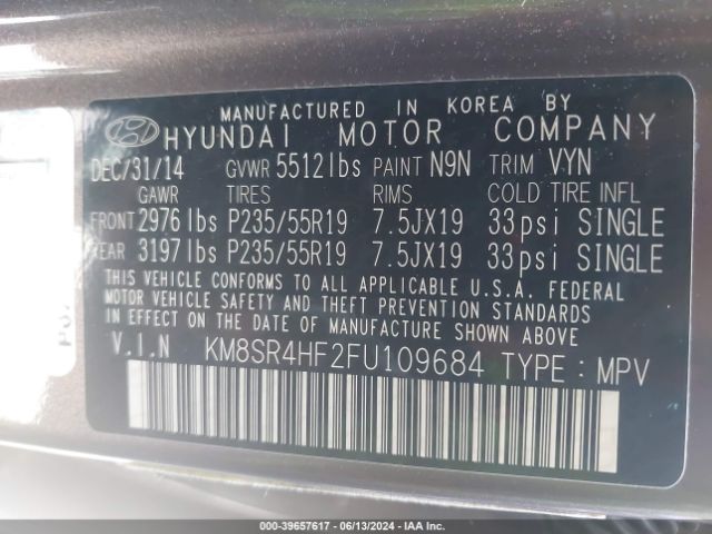 Photo 8 VIN: KM8SR4HF2FU109684 - HYUNDAI SANTA FE 