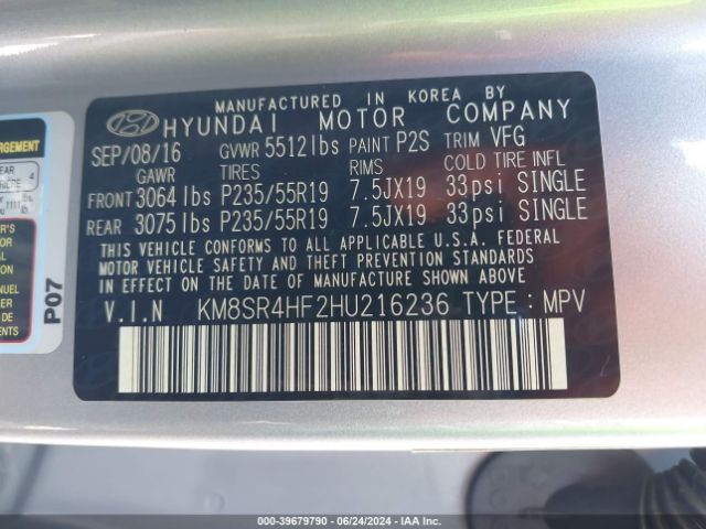 Photo 8 VIN: KM8SR4HF2HU216236 - HYUNDAI SANTA FE 