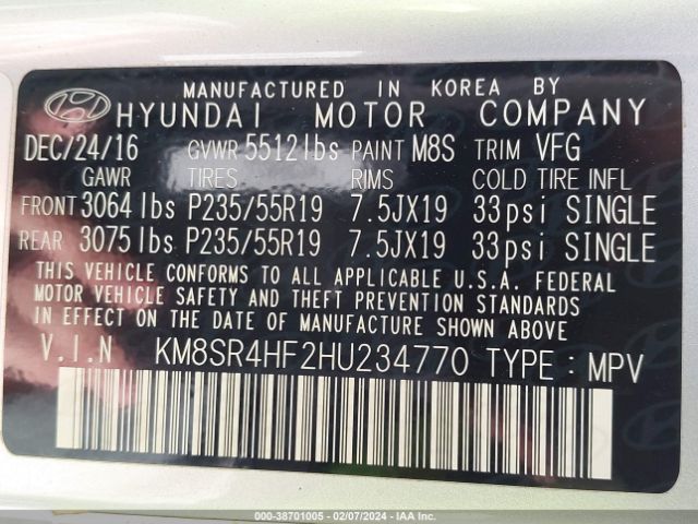 Photo 8 VIN: KM8SR4HF2HU234770 - HYUNDAI SANTA FE S 