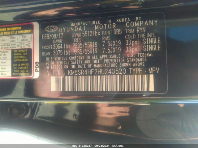 Photo 8 VIN: KM8SR4HF2HU243520 - HYUNDAI SANTA FE 