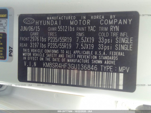 Photo 8 VIN: KM8SR4HF3GU136846 - HYUNDAI SANTA FE 