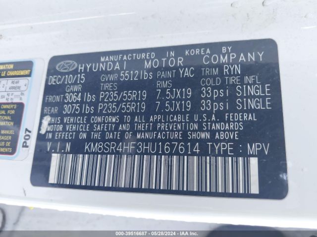 Photo 8 VIN: KM8SR4HF3HU167614 - HYUNDAI SANTA FE 