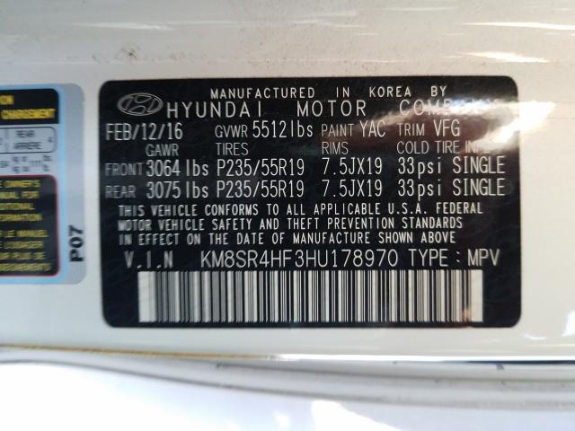 Photo 9 VIN: KM8SR4HF3HU178970 - HYUNDAI SANTA FE S 