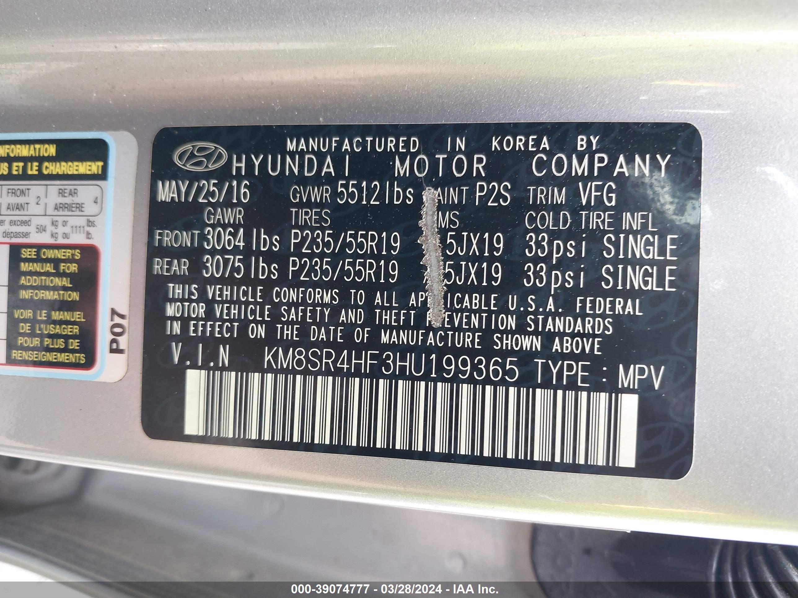 Photo 8 VIN: KM8SR4HF3HU199365 - HYUNDAI SANTA FE 