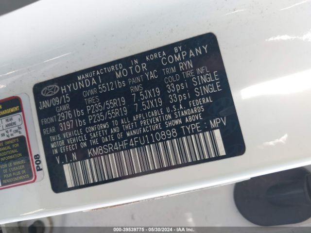 Photo 8 VIN: KM8SR4HF4FU110898 - HYUNDAI SANTA FE 