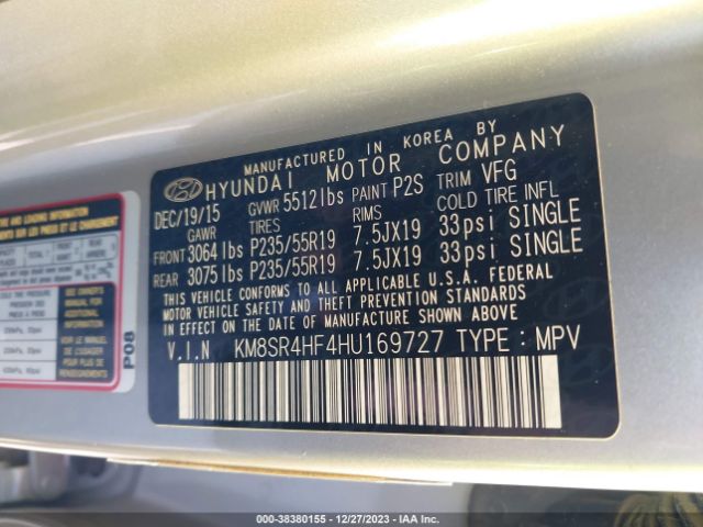 Photo 8 VIN: KM8SR4HF4HU169727 - HYUNDAI SANTA FE 