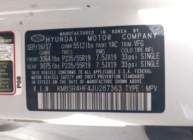 Photo 8 VIN: KM8SR4HF4JU287363 - HYUNDAI SANTA FE 