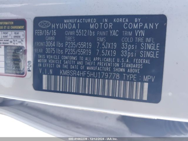 Photo 8 VIN: KM8SR4HF5HU179778 - HYUNDAI SANTA FE 