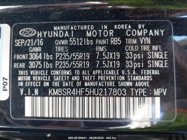 Photo 8 VIN: KM8SR4HF5HU217803 - HYUNDAI SANTA FE 