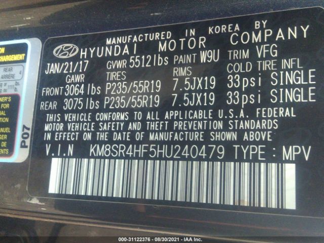 Photo 8 VIN: KM8SR4HF5HU240479 - HYUNDAI SANTA FE 