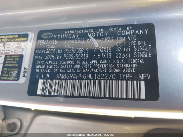 Photo 8 VIN: KM8SR4HF6HU182270 - HYUNDAI SANTA FE 