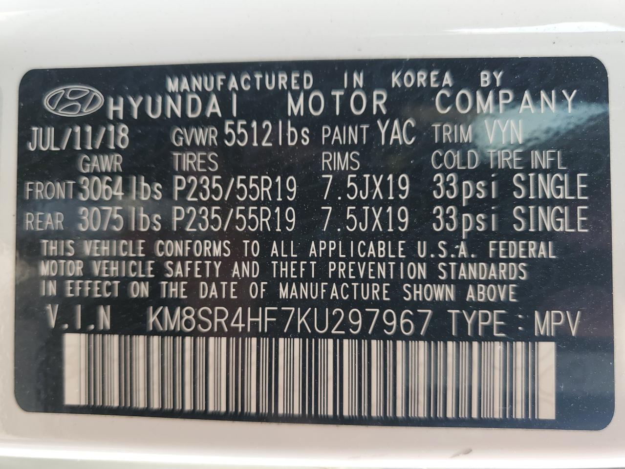 Photo 13 VIN: KM8SR4HF7KU297967 - HYUNDAI SANTA FE 