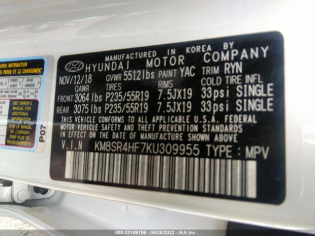 Photo 8 VIN: KM8SR4HF7KU309955 - HYUNDAI SANTA FE XL 