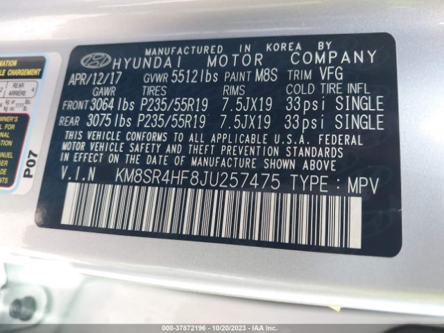 Photo 8 VIN: KM8SR4HF8JU257475 - HYUNDAI SANTA FE 