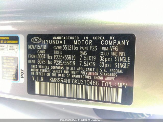 Photo 8 VIN: KM8SR4HF8KU310466 - HYUNDAI SANTA FE XL 