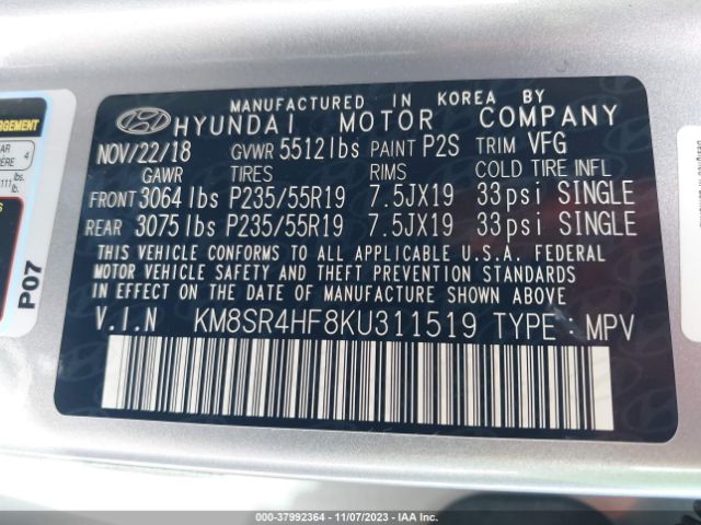 Photo 8 VIN: KM8SR4HF8KU311519 - HYUNDAI SANTA FE XL 