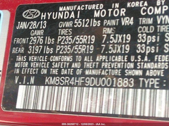 Photo 8 VIN: KM8SR4HF9DU001883 - HYUNDAI SANTA FE 