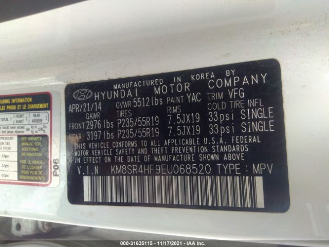 Photo 8 VIN: KM8SR4HF9EU068520 - HYUNDAI SANTA FE 