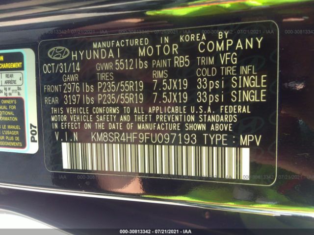 Photo 8 VIN: KM8SR4HF9FU097193 - HYUNDAI SANTA FE 