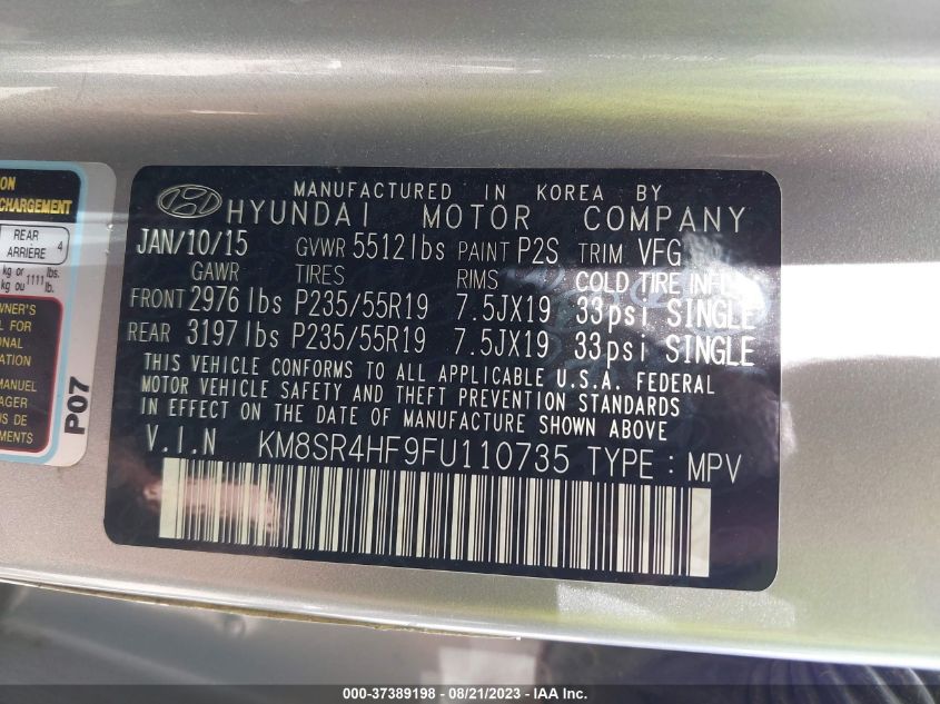 Photo 8 VIN: KM8SR4HF9FU110735 - HYUNDAI SANTA FE 