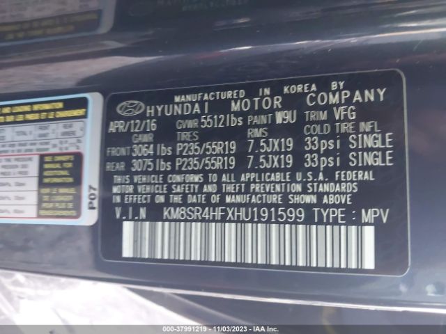 Photo 8 VIN: KM8SR4HFXHU191599 - HYUNDAI SANTA FE 