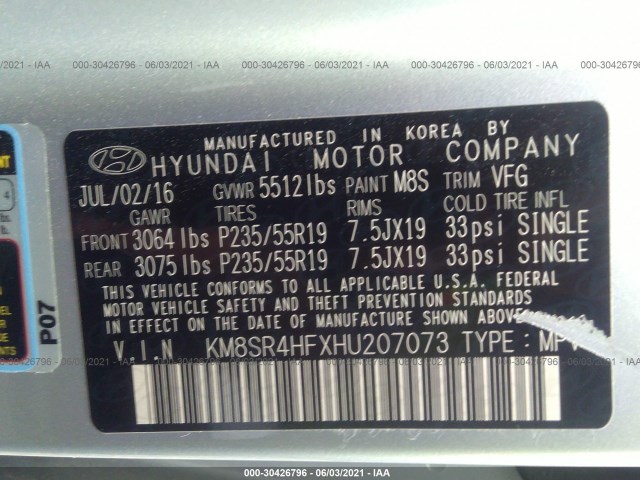 Photo 8 VIN: KM8SR4HFXHU207073 - HYUNDAI SANTA FE 