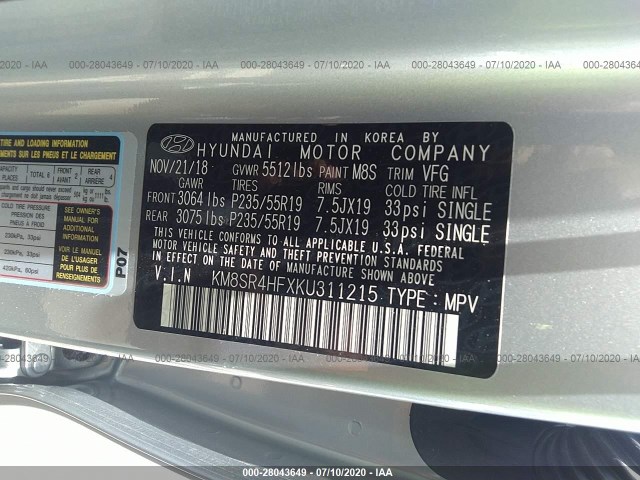 Photo 8 VIN: KM8SR4HFXKU311215 - HYUNDAI SANTA FE XL 