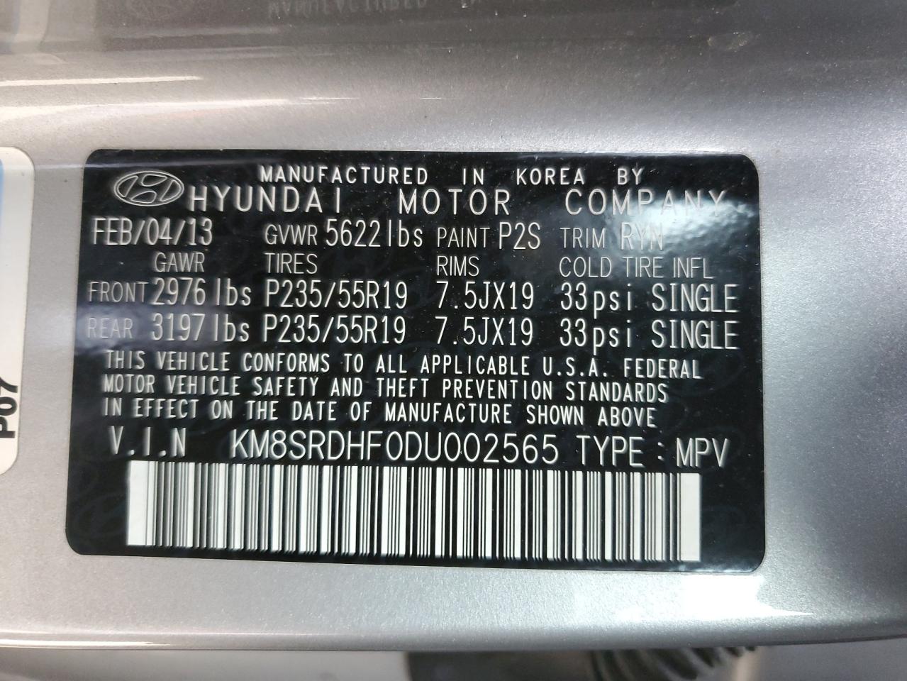 Photo 11 VIN: KM8SRDHF0DU002565 - HYUNDAI SANTA FE 