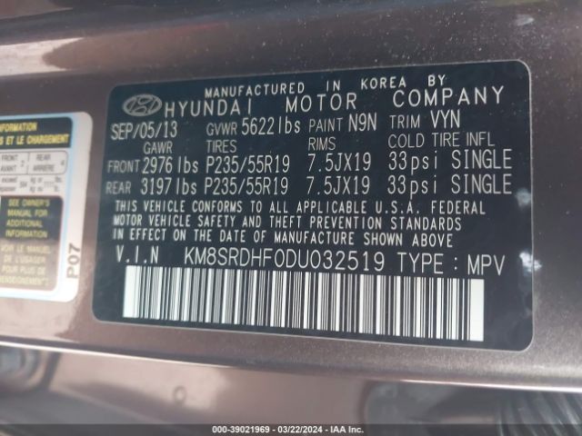 Photo 8 VIN: KM8SRDHF0DU032519 - HYUNDAI SANTA FE 