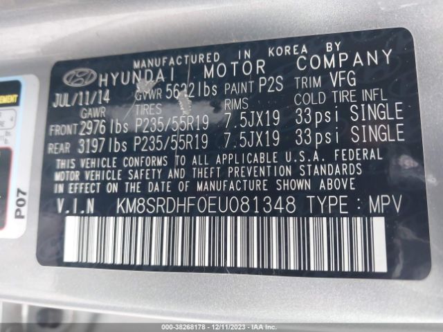 Photo 8 VIN: KM8SRDHF0EU081348 - HYUNDAI SANTA FE 