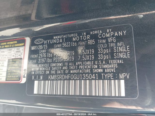 Photo 8 VIN: KM8SRDHF0GU135041 - HYUNDAI SANTA FE 